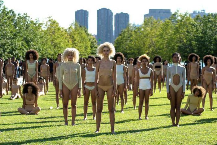 Models lined at the Yeezy Season 4 presentation