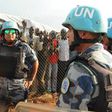U.N. peacekeepers stand guard at a demonstration by people displaced in the recent fighting, during a visit by the United Nations Security Council, delegation to the UN House in Jebel, near South Sudan's capital Juba, September 3, 2016.