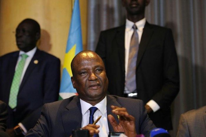 Newly appointed South Sudan First Vice President, Taban Deng Gai (centre) speaks during a press conference in the Kenyan capital, Nairobi on August 17, 2016 