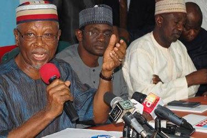 From left, All Progressive Congress (APC) National Chairman, Chief John Oyegun; National Secretary APC, Allhaji Maimala Bunni and Deputy National chairman North, Alhaji Shaibu Lawal addressing pressmen reacting to impeachment moves by Federal Governmen...