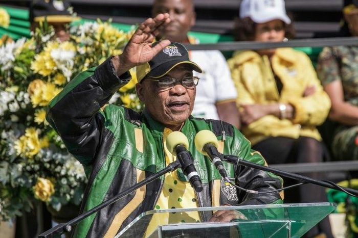 South African ruling African National Congress (ANC) president Jacob Zuma gestures as he gives his speech during the ANC closing rally campaign for the municipal elections at Ellis Par Stadium on July 31, 2016 in Johannesburg, South Africa 