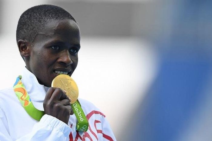 Ruth Jebet (BRN) of Bahrain poses with her medal. 2016 Rio Olympics - Athletics - Victory Ceremony - Women's 3000m Steeplechase Victory Ceremony - Olympic Stadium - Rio de Janeiro, Brazil - 15/08/2016.