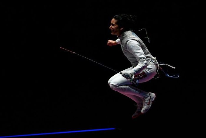 Tunisia's Ines Boubakri celebrates after beating Russia's Aida Shanaeva in the women’s individual foil bronze medal bout at the Rio 2016 Olympic Games 