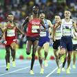 . (From L) Taoufik Makhloufi (ALG) of Algeria, Abdalaati Iguider (MAR) of Morocco, Asbel Kiprop (KEN) of Kenya, Ben Blankenship (USA) of USA and Charlie Grice (GBR) of Great Britain compete.
