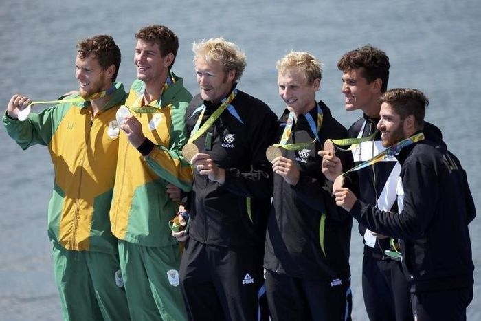 Gold medalists Eric Murray (NZL) of New Zealand and Hamish Bond (NZL) of New Zealand, silver medalists Lawrence Brittain (RSA) of South Africa and Shaun Keeling (RSA) of South Africa, bronze medalists Giovanni Abagnale (ITA) of Italy and Marco Di Costa...