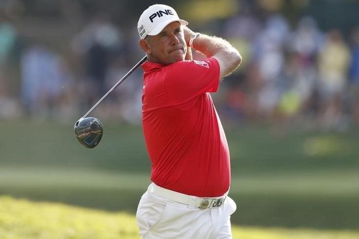 PGA golfer Lee Westwood tees off on the 17th hole during the second round of the 2016 PGA Championship golf tournament at Baltusrol GC - Lower Course.
