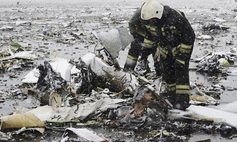 A photo taken at the site of the FlyDubai plane crash in Russia