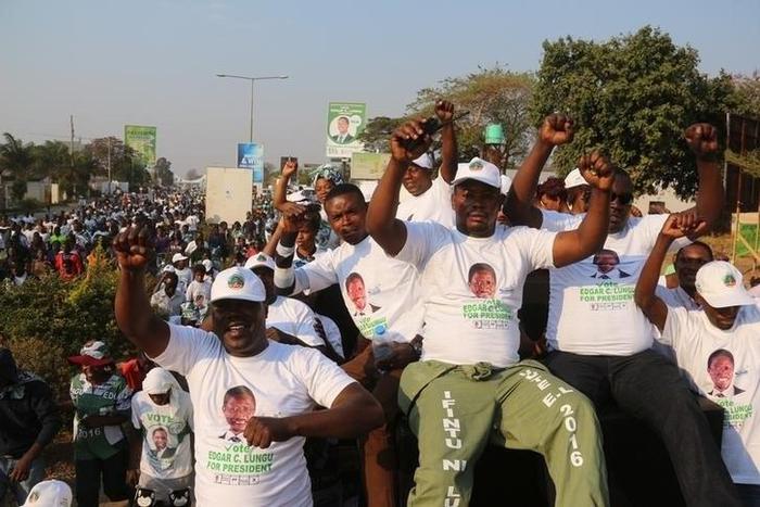 Supporters of Edgar Lungu, leader of the Patriotic Front party (PF), celebrate after Lungu narrowly won re-election on Monday, in a vote his main rival Hakainde Hichilema rejected on claims of alleged rigging by the electoral commission, in the capital...