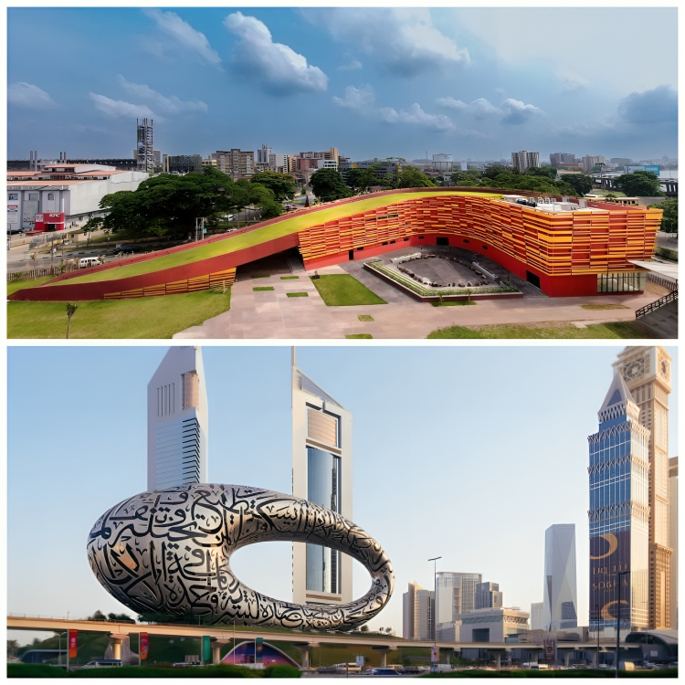 A photo collage of J. Randle Centre for Yoruba Culture & History (above) and Museum of the Future (below)