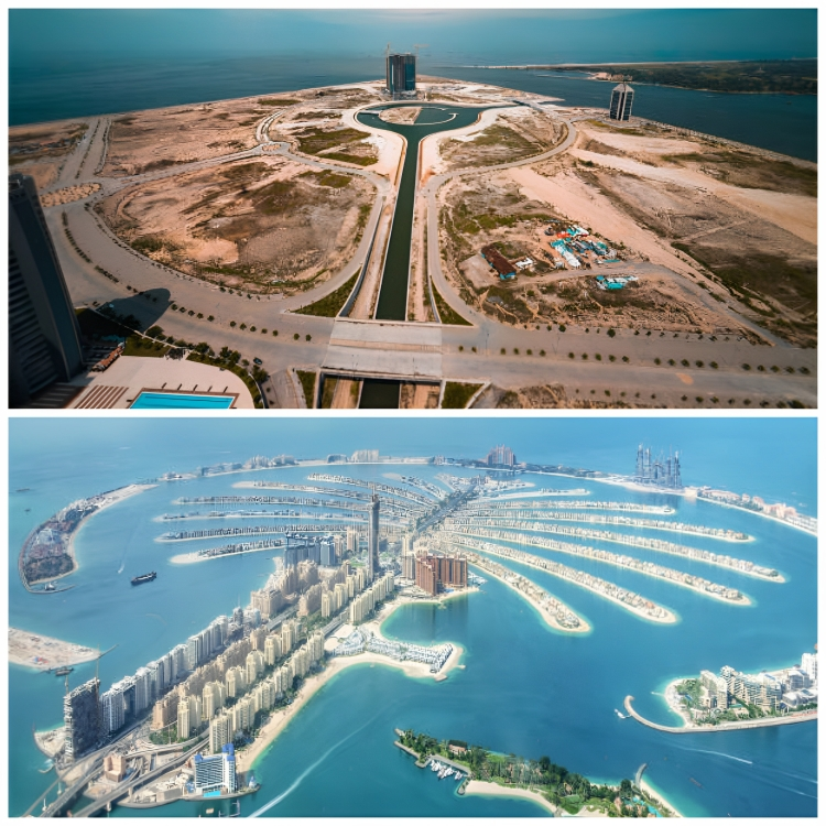A photo collage of Eko Atlantic City Towers (above) and Palm Jumeirah/JBR Towers (below)