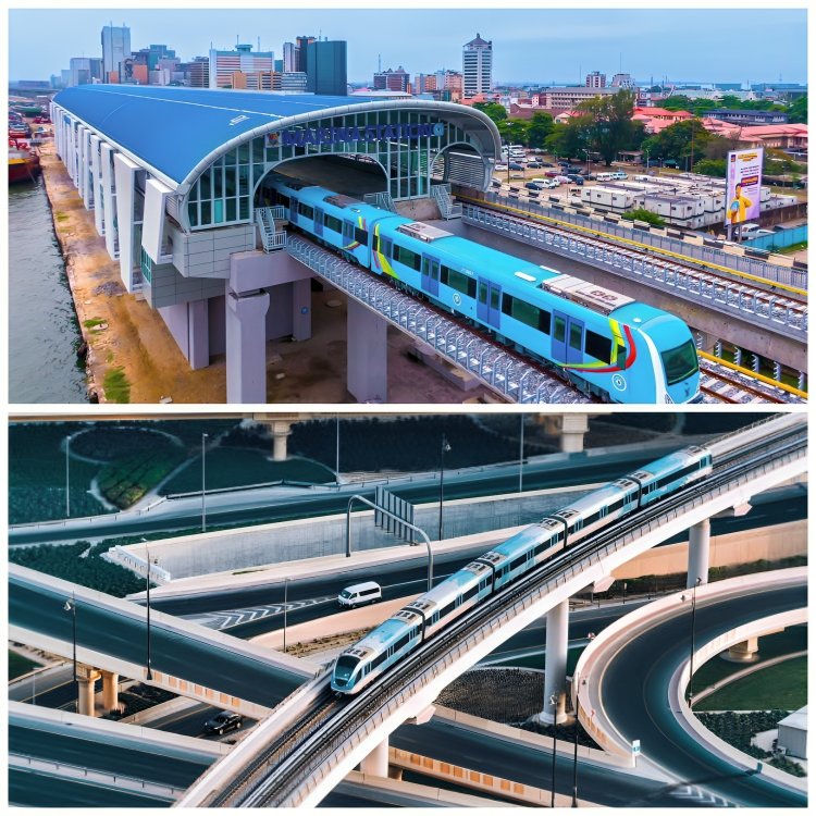 A photo collage of Lagos Blue Line Metro (above) and Dubai Metro Station (below)