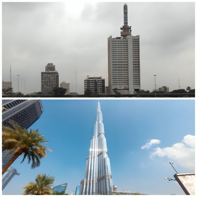 A photo collage of NECOM House, Marina (above) and Burj Khalifa (below)