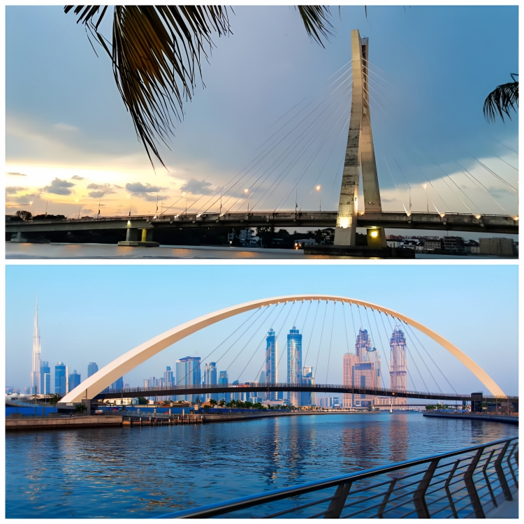A photo collage of Lekki–Ikoyi Link Bridge (above) and Dubai Water Canal Bridge (below)