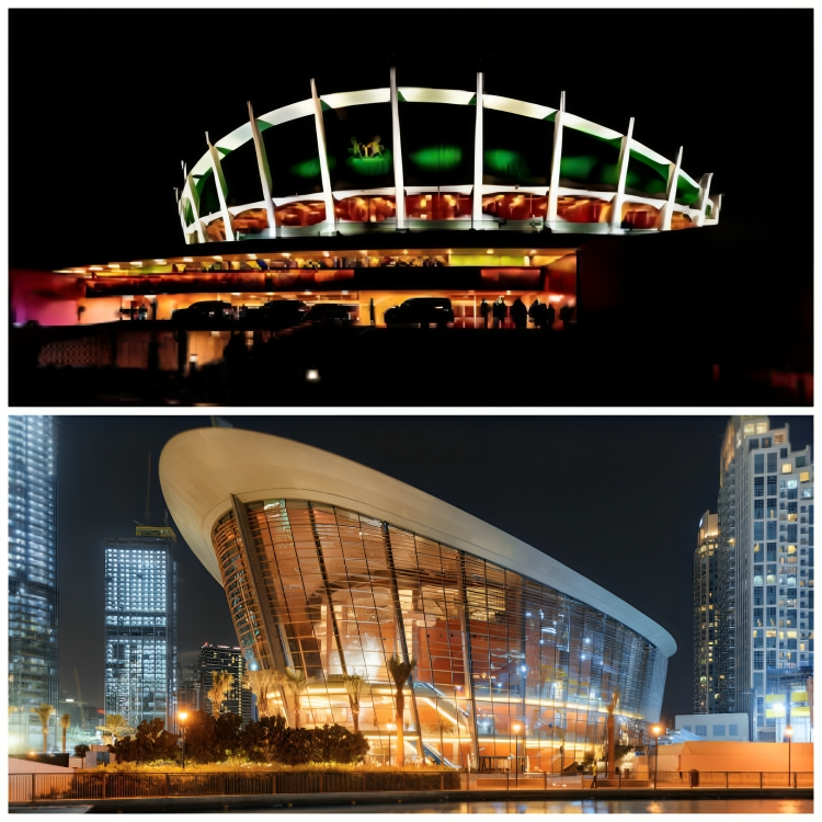 A photo collage of Wole Soyinka Centre for Culture (above) and Dubai Opera House (below)