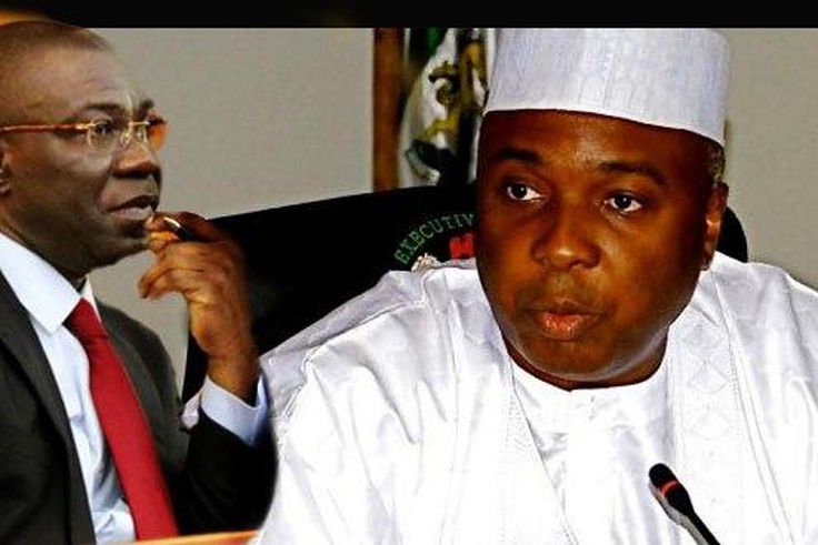 Senate President, Bukola Saraki (right) and the Deputy Senate President, Ike Ekweremadu.