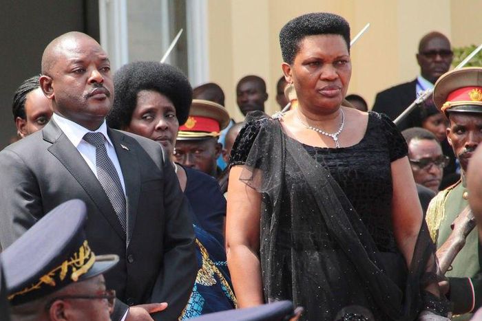 Burundi's President Pierre Nkurunziza and First Lady Denise Nkurunziza stand during the ceremony in tribute of the former late President Colonel Jean-Baptiste Bagaza at the national congress palace in Bujumbura, Burundi May 16, 2016.