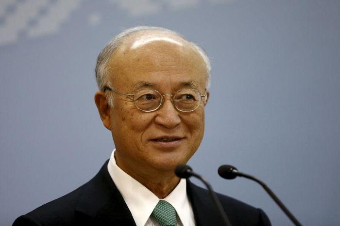 International Atomic Energy Agency (IAEA) Director General Yukiya Amano takes part in a news conference during a visit to the Belarusian nuclear power plant, which is under construction, near Ostrovets, Belarus, April 19, 2016.