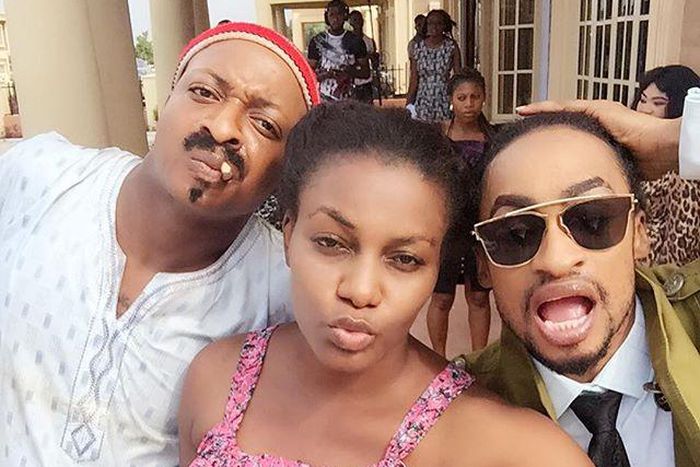 IK Ogbonna, Queen Nwokoye, Denrele Edun on set of "Excess Luggage"