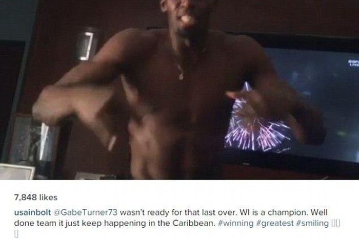 Usain Bolt celebrating West Indies World Twenty20 win