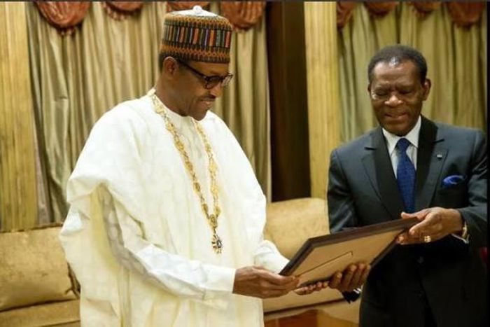 President Muhammadu Buhari conferred with Equatorial Guinea's Grand Collar of the Order of Independence award by President Teodoro Mbasogo.