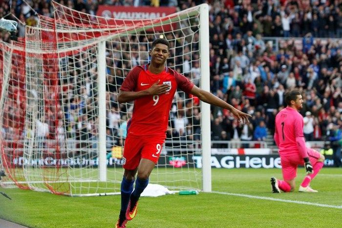Britain Football Soccer - England v Australia - International Friendly - Stadium of Light, Sunderland - 27/5/16 Marcus Rashford celebrates after scoring the first goal for England