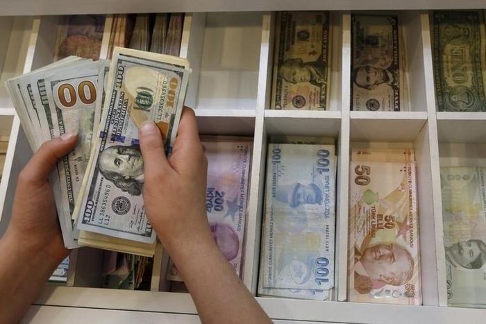 A money changer counts U.S. dollar bills, with Turkish lira banknotes in the background, at an currency exchange office in central Istanbul, Turkey, August 21, 2015.   REUTERS/Murad Sezer
