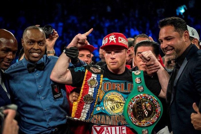 May 7, 2016; Las Vegas, NV, USA;  Canelo Alvarez poses for a photo after defeating Amir Khan during their middleweight boxing title fight at T-Mobile Arena. Mandatory Credit: Joshua Dahl-USA TODAY Sports