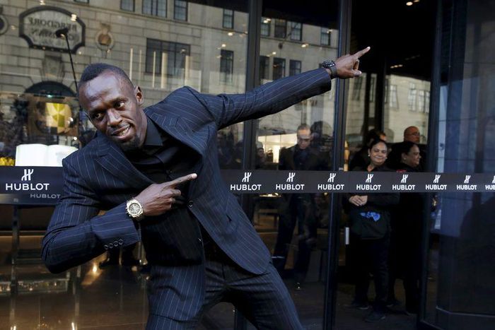 Olympic sprinter Usain Bolt poses during a ribbon cutting ceremony to celebrate the opening of the flagship "Hublot" store on Fifth Avenue in the Manhattan borough of New York, U.S., April 19, 2016.