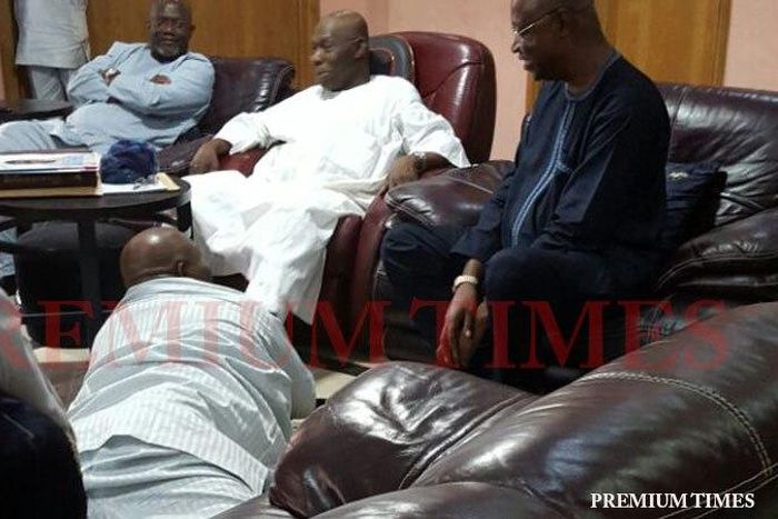 Doyin Okupe prostrates to Former president Olusegun Obasanjo on Sunday, May 8, 2016, in Abeokuta Ogun State.