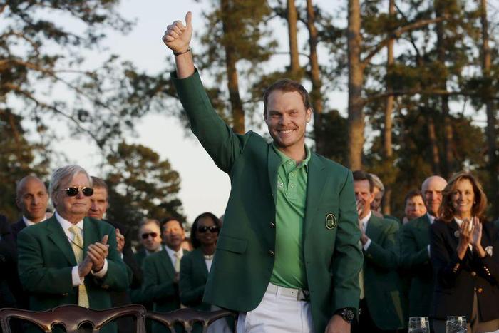 Danny Willett celebrates in the green jacket after winning the 2016 The Masters golf tournament at Augusta National Golf Club. Apr 10, 2016; Augusta, GA, USA;