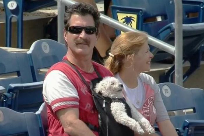 Man spotted carrying a dog in a baby carrier