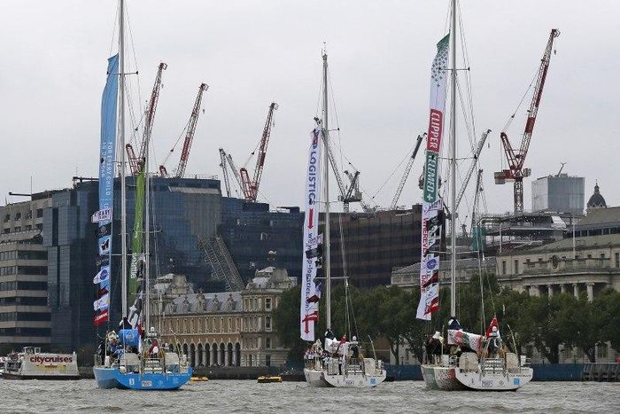 Clipper 70 yachts participating in the Clipper Round the World Yacht Race sail down the Thames in London, August 30, 2015. The race will cover 40,000 nautical miles. REUTERS/Eddie Keogh