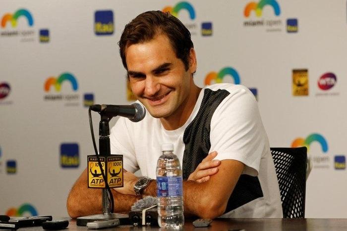 Mar 24, 2016; Key Biscayne, FL, USA; Roger Federer speaks at a press conference on day three of the Miami Open at Crandon Park Tennis Center. Mandatory Credit: Geoff Burke-USA TODAY Sports
