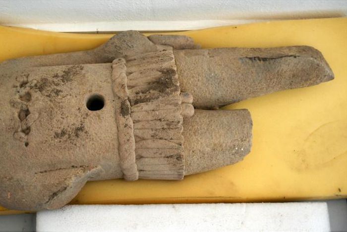 A statue of Xipe Totec, a pre-Hispanic god whose priests sacrificied humans and then wore their flayed skins on their own backs as part of a fertilty ritual in what is now Mexico