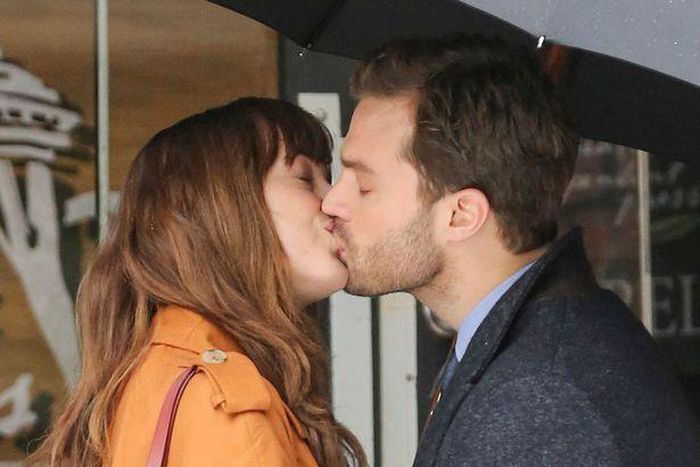 Jamie Dornan and Dakota Johnson on set of "Fifty Shades Darker"