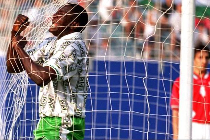 Rashidi Yekini celebrates after scoring Nigeria's first FIFA World Cup goal at USA 94