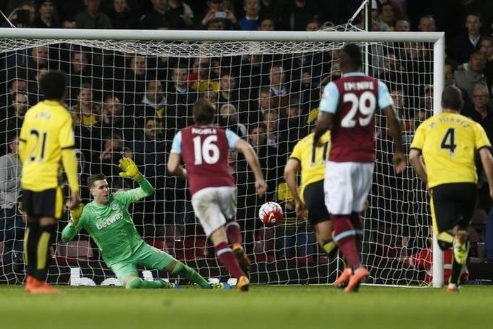 West Ham's Adrian saves a penalty from Watford's Troy Deeney