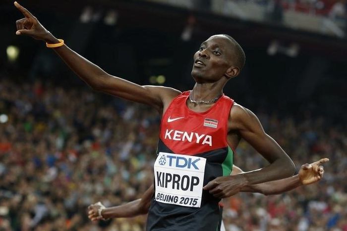 Asbel Kiprop of Kenya reacts after winning the men's 1500 metres final during the 15th IAAF World Championships at the National Stadium in Beijing, China, August 30, 2015.  REUTERS/Phil Noble