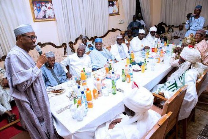 President Muhammadu Buhari at the breaking of the Ramadan fast at the palace of the Emir of Daura, Katsina State, Dr. Farouk Umar Farouk on Sunday, July 3, 2016.