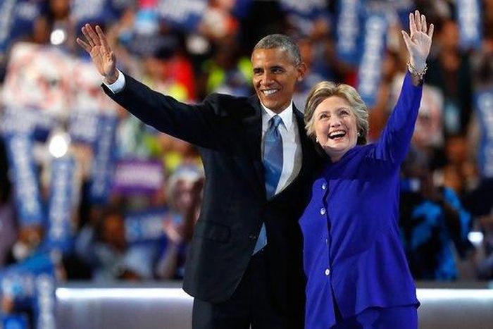 US President Barack Obama and Presidential candidate Hillary Clinton at the Democratic National Convention in Philadelphia on Wednesday, July 27, 2016.