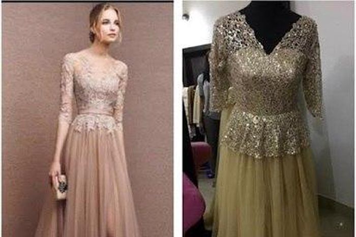 An aggrieved customer shared photos of an outfit a friend wanted (L) and what she got from a Nigerian designer (R)
