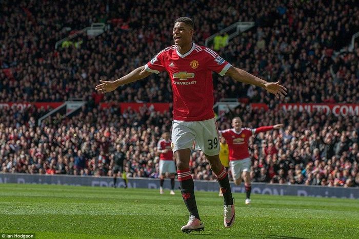 Marcus Rashford celebrates after scoring against Aston Villa on Saturday, April 16