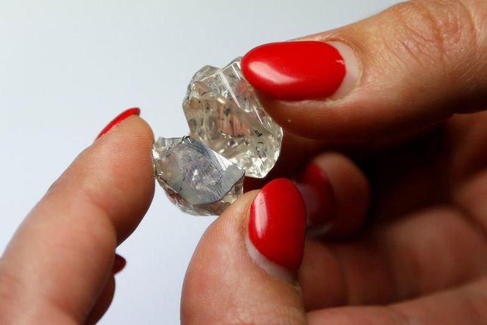 A 30-carat and a 14-carat rough diamond, initially one piece, are viewed after they have been split at the offices of a polishing factory in Antwerp, Belgium, April 28, 2016.
