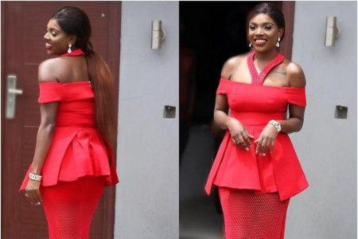Annie Idibia in the 'Proenza' shoulder dress from Amarelis Atelier's Fall/Winter 2016 'Innocencia de Florence' Collection