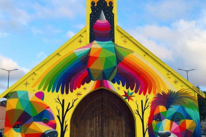 Abandoned church painted in urban street art