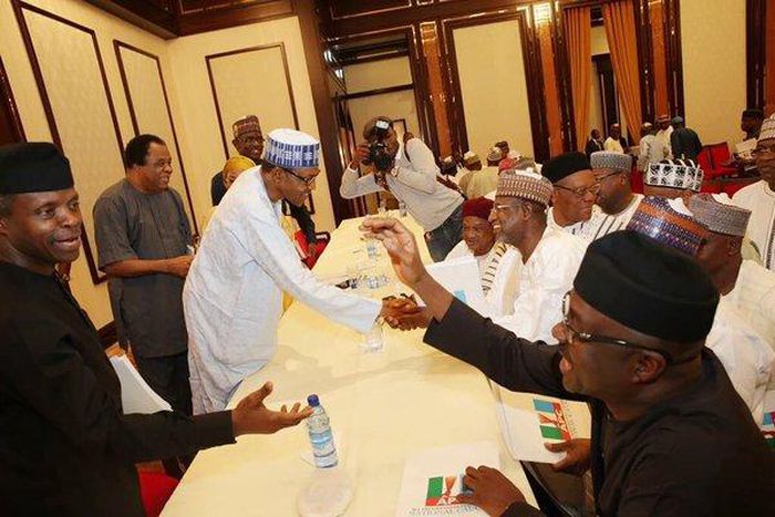 President Muhammadu Buhari meets with some leaders of the All Progressives Congress (APC) at the Presidential Villa in Abuja on Tuesday, March 22, 2016.