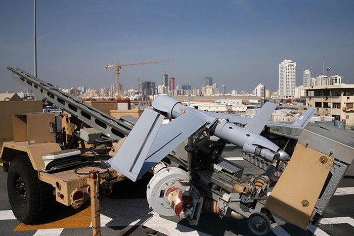 A ScanEagle unmanned aerial vehicle (UAV) is seen on the deck of the USS Ponce