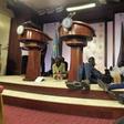 Journalists are seen on the podium following sounds of gun shots before a news conference inside the Presidential State House in Juba, South Sudan, July 8, 2016. REUTERS/Stringer