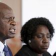 Zimbabwe's Finance Minister Patrick Chinamasa (L) addresses a media conference after meeting International Monetary Fund (IMF) Executive Director for Africa Chileshe Kapwepwe (R) in Harare, September 7, 2015.