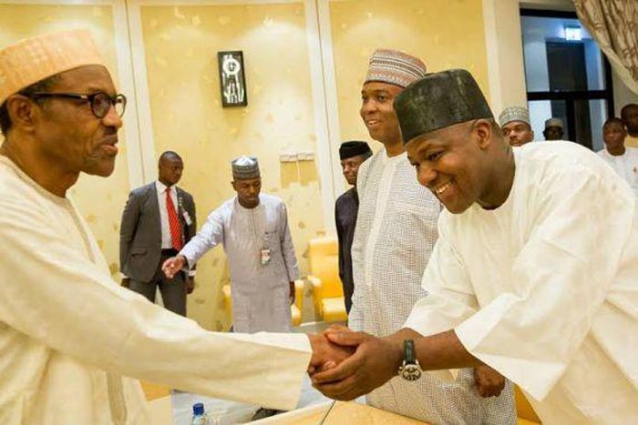 Senate President, Bukola Saraki with President Muhammadu Buhari during a meeting at the Presidential Villa on April 26, 2016.